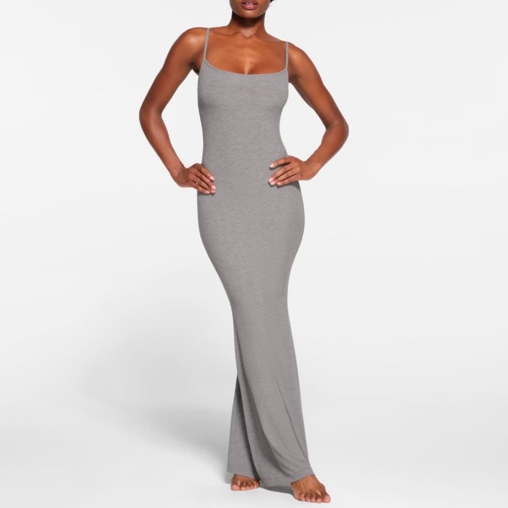SKIMS Soft Lounge Ribbed Onyx Black Stretch Modal Long Slip Maxi Dress